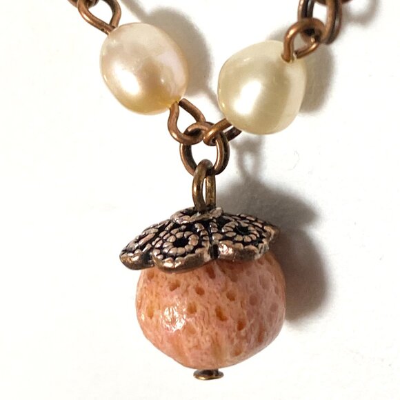 Pale Pink Freshwater Pearl Short Necklace with Cute Coral Pendant, Copper Links - Picture 7 of 16